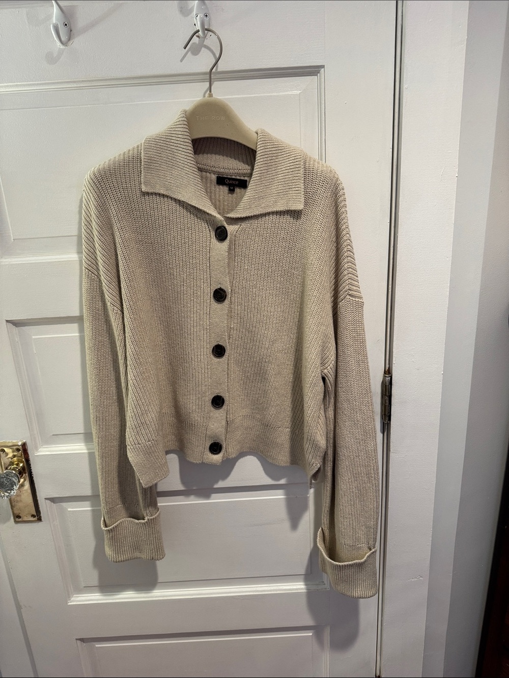 Quince Cream Ribbed Button-Up Cardigan Sweater